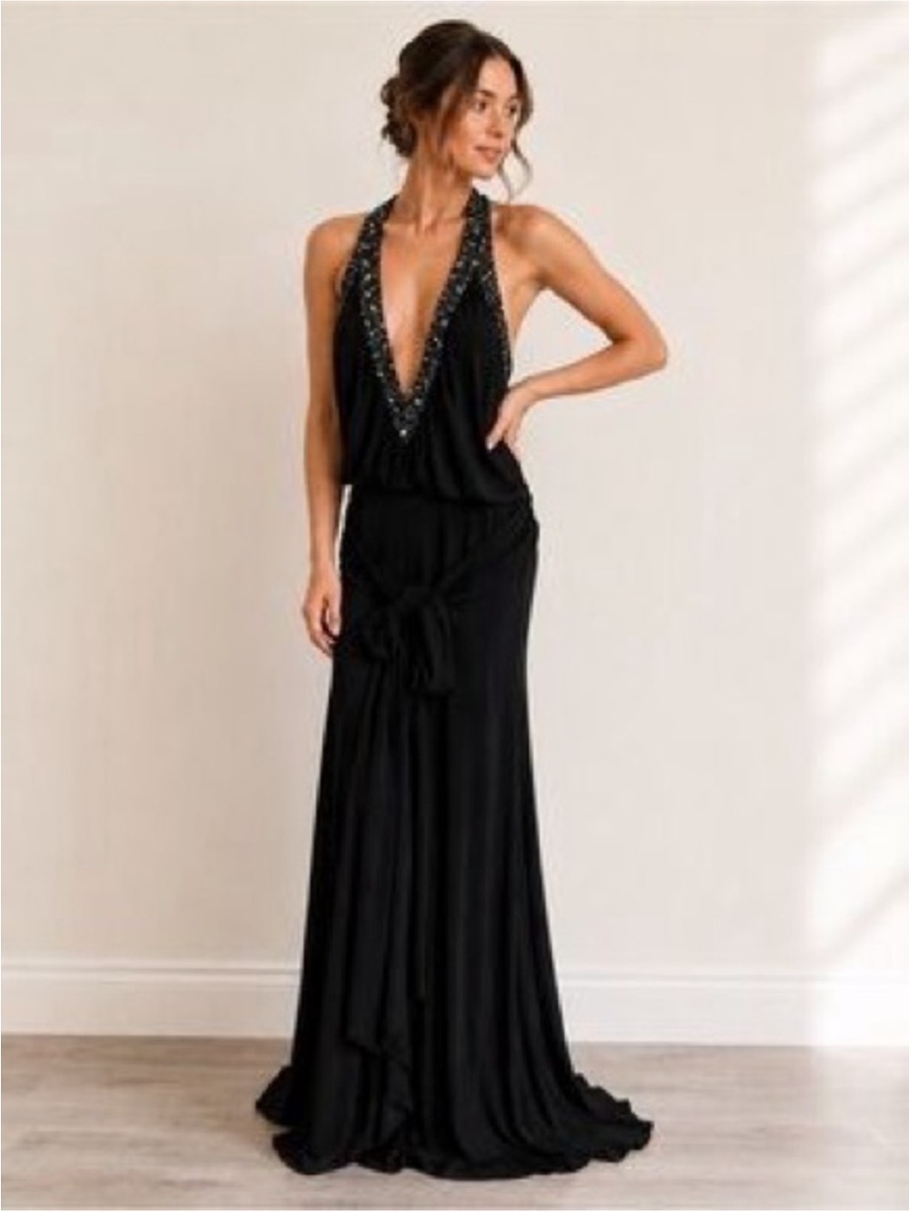 BCBGMaxAzria Black Beaded Deep V Halter Maxi Dress